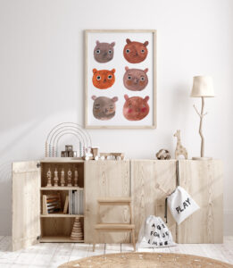 Mock up frame in children room with natural wooden furniture, 3D